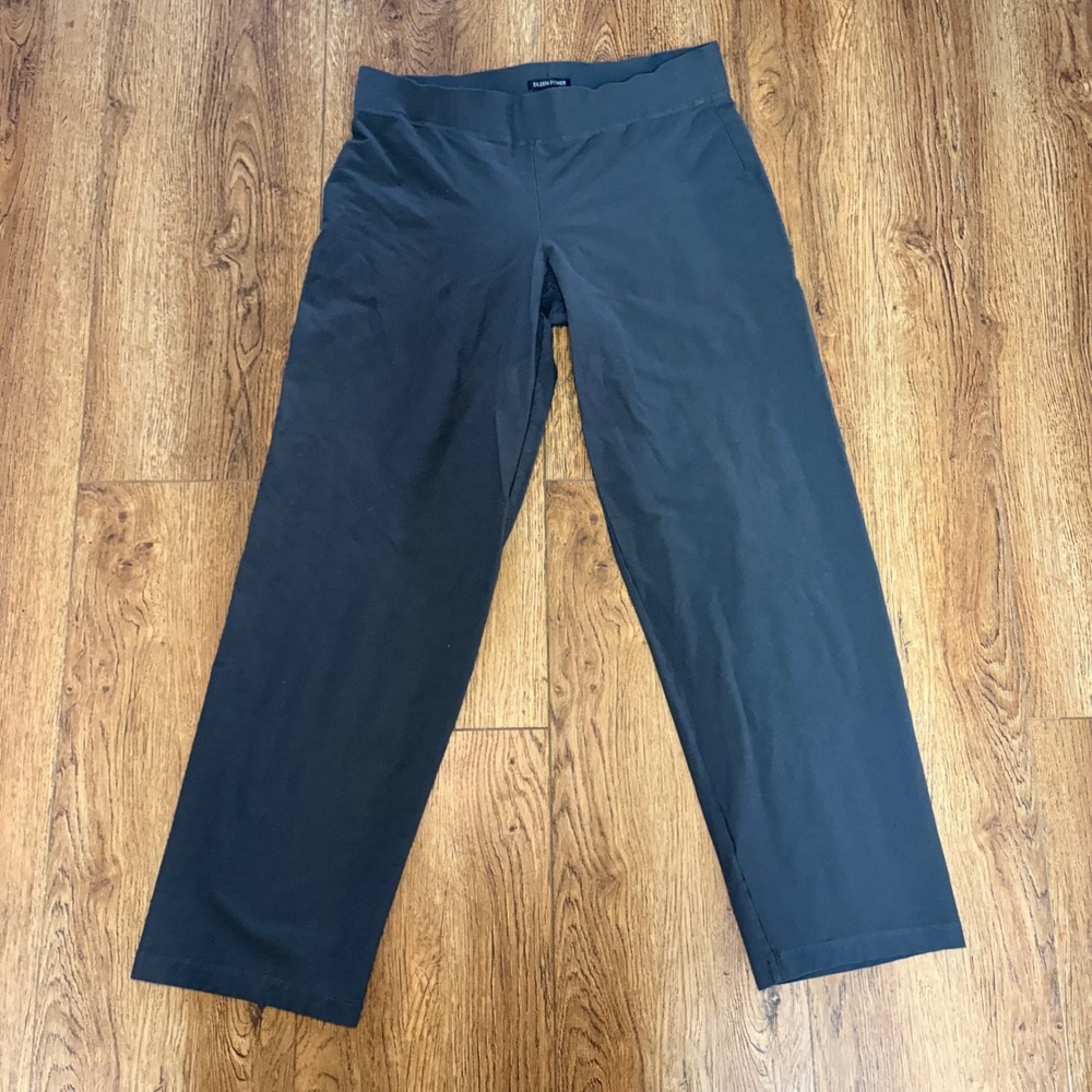 Eileen Fisher Dark Gray Wide Straight Leg Easy Fit Crepe Pants Womens M USA made